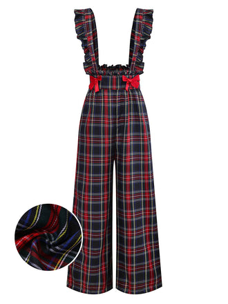 Black 1940s Tartan Plaid Ruffled Bow Overall Pants - vintage fashion, retro style, classic black