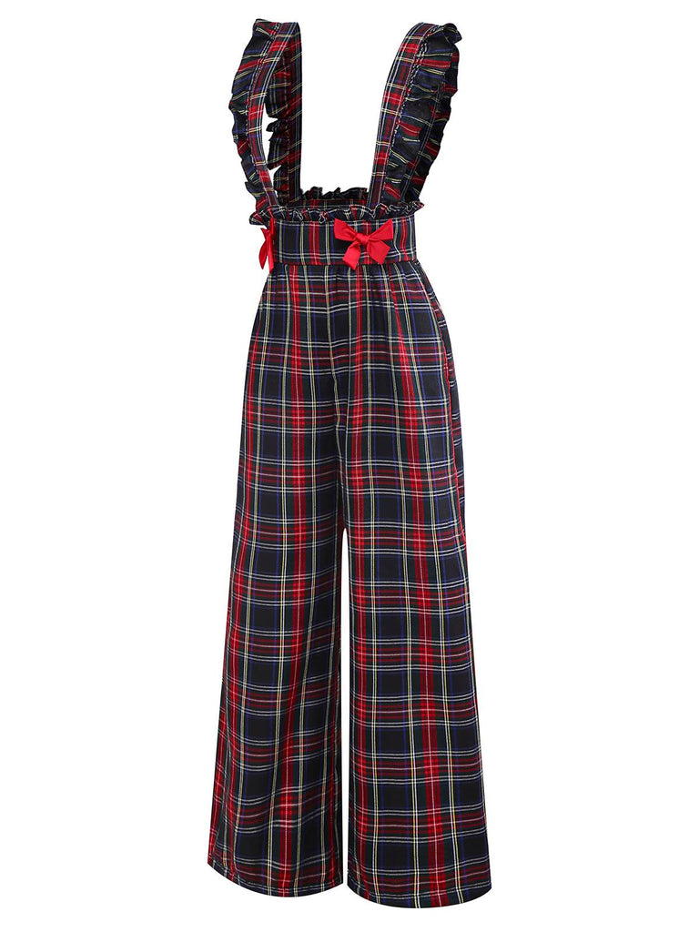 Black 1940s Tartan Plaid Ruffled Bow Overall Pants - vintage fashion, retro style, classic black