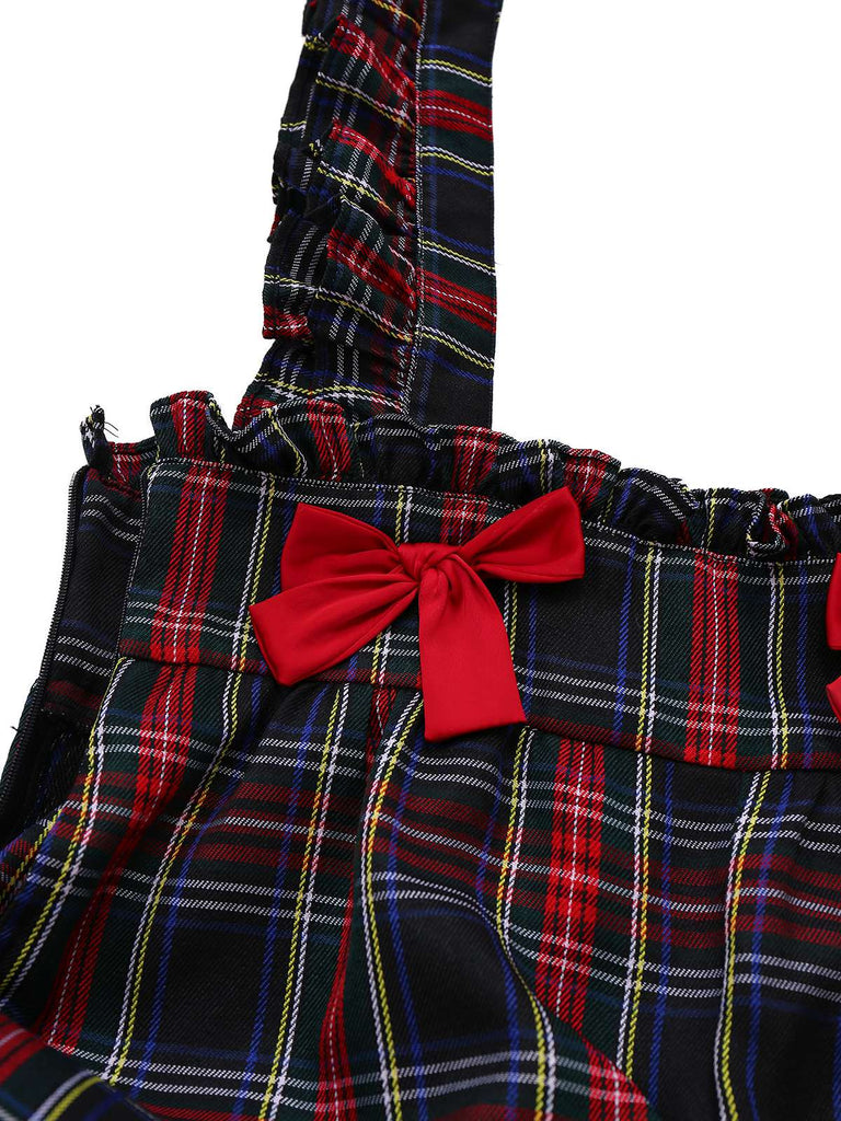 Black 1940s Tartan Plaid Ruffled Bow Overall Pants - vintage fashion, retro style, classic black
