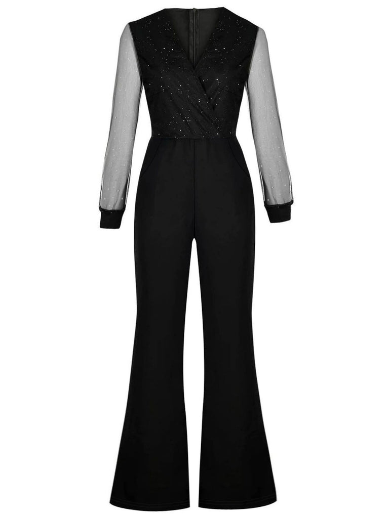 Black 1940s V-Neck Glitter Mesh Jumpsuit - vintage jumpsuit, retro fashion, classic black