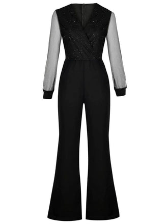 Black 1940s V-Neck Glitter Mesh Jumpsuit - vintage jumpsuit, retro fashion, classic black