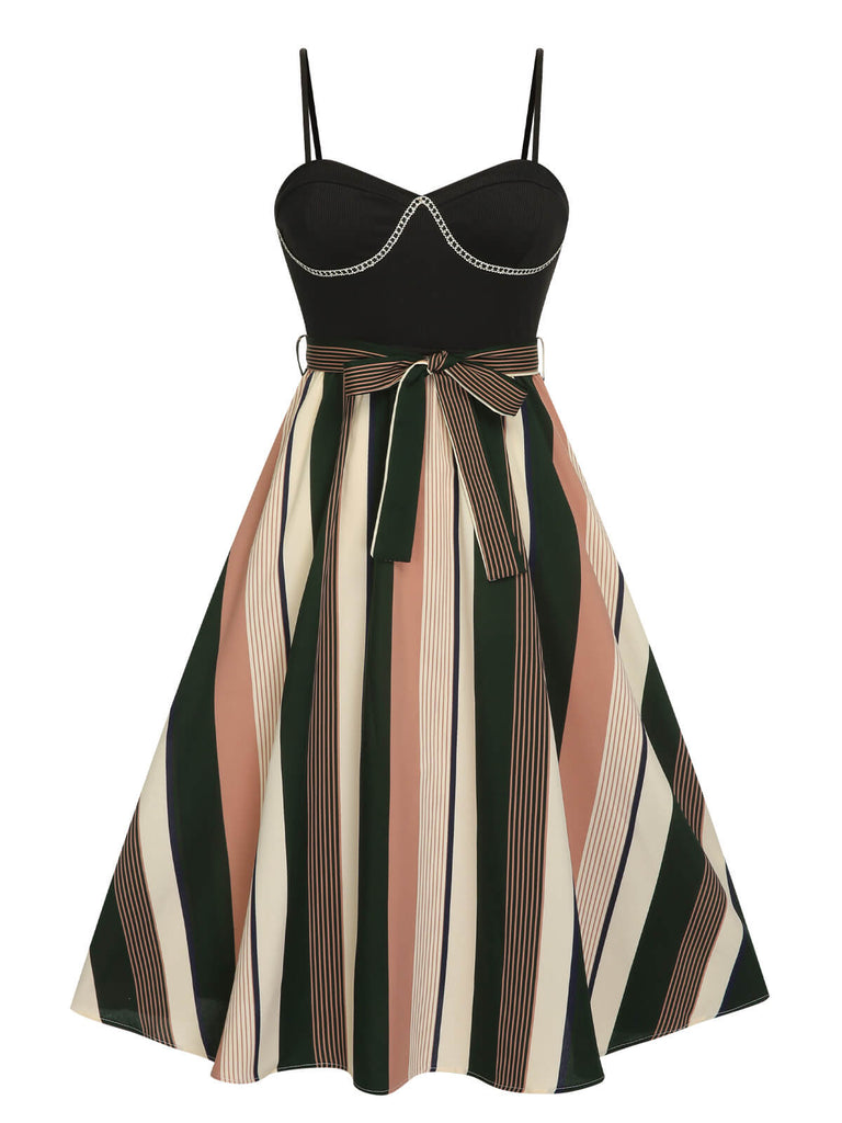 Black 1940s Waist Tie Stripe Straps Dress, vintage dress, retro fashion - perfect for women who love vintage and retro fashion