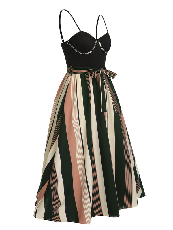Black 1940s Waist Tie Stripe Straps Dress