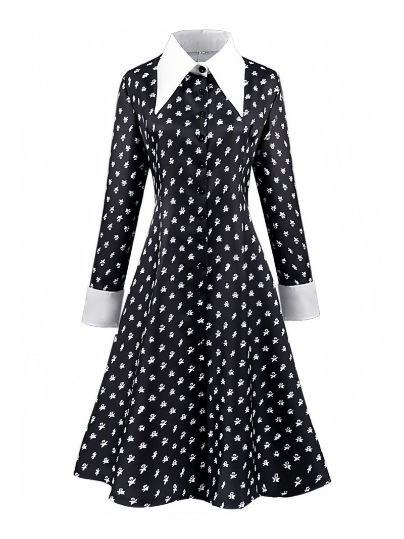 black and white wednesday dress 1940s Addams Style T-Shirt Dress Mid-Century Fluted 9-Drawer Extra Key Chaos This dress Color:BLACK (001)