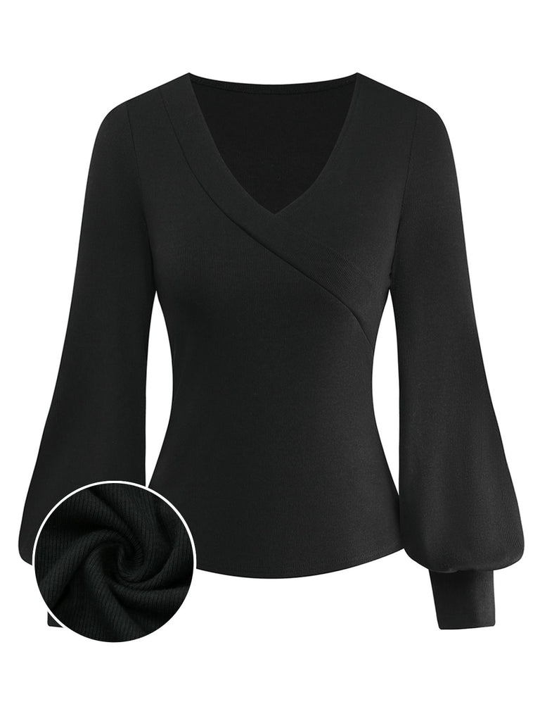 Black 1950S V-Neck Lantern Sleeve Knitted Top - vintage fashion, retro style, classic black
