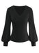 Black 1950S V-Neck Lantern Sleeve Knitted Top - vintage fashion, retro style, classic black