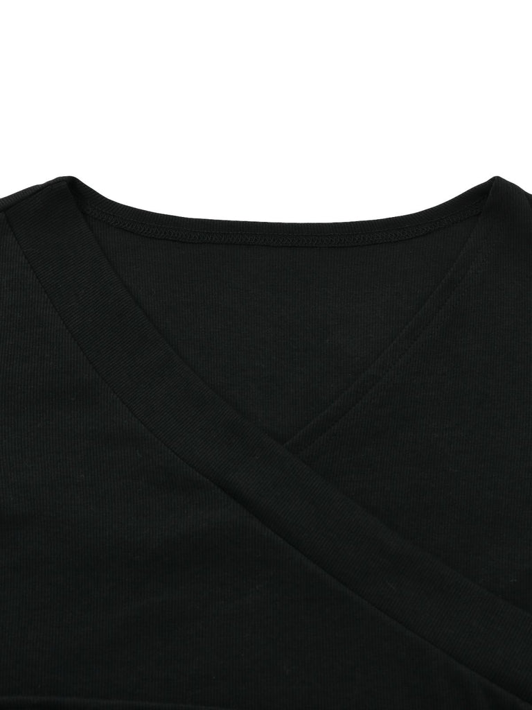 Black 1950S V-Neck Lantern Sleeve Knitted Top - vintage fashion, retro style, classic black