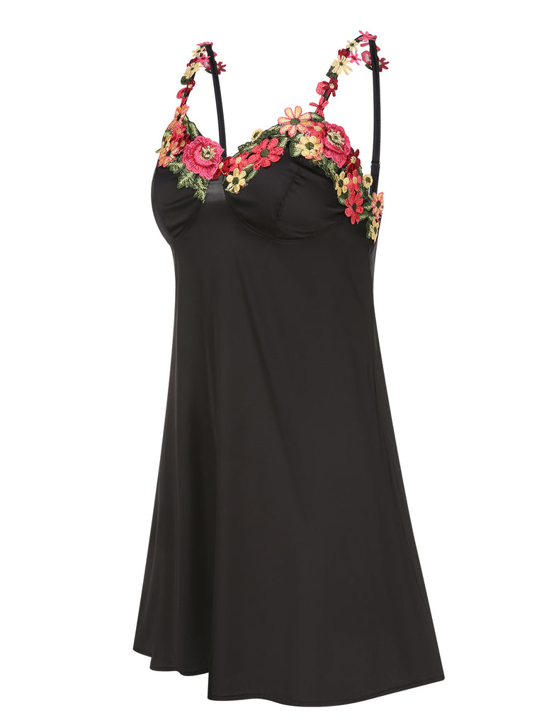 Black 1950s 3D  Floral Suspender Sleepwear, vintage fashion, retro style - perfect for women who love vintage and retro fashion