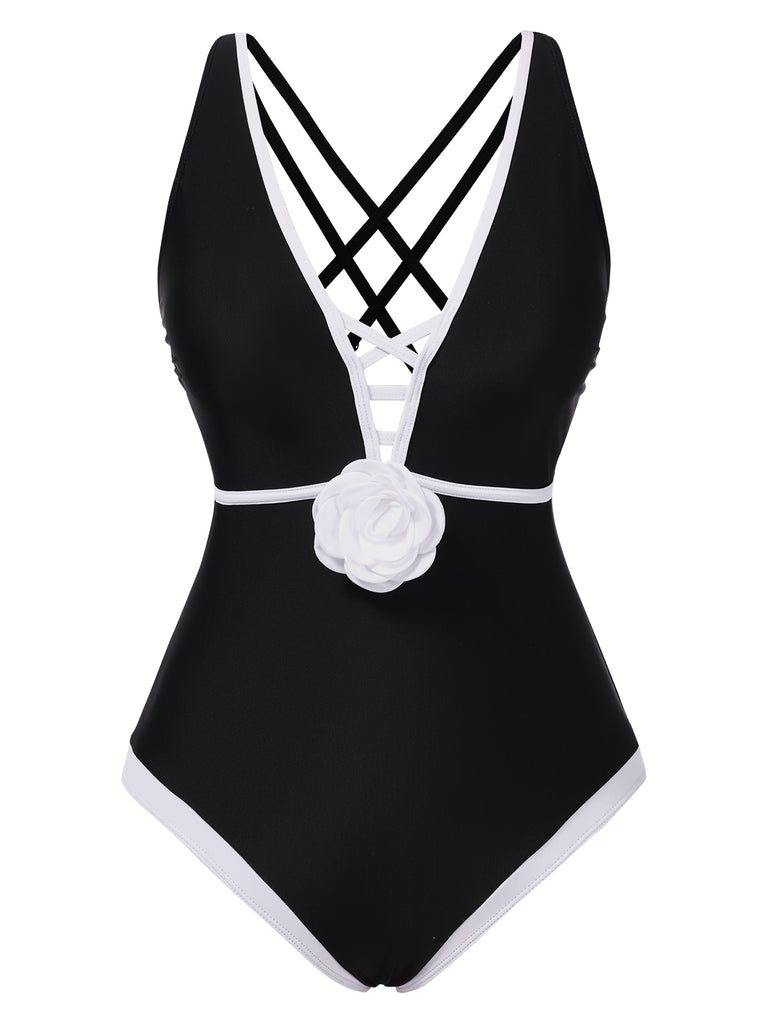 Black 1950s 3D Flower Patchwork One-Piece Swimsuit, vintage swimsuit, pin-up swimwear - perfect for women who love vintage and retro fashion