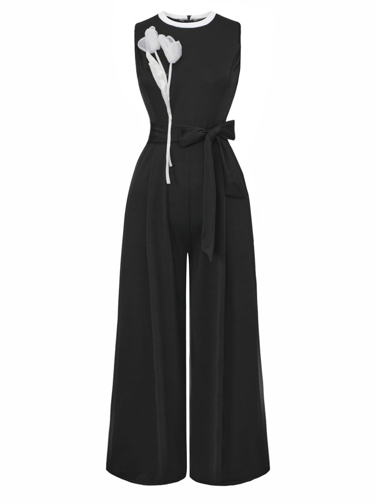 Black 1950s 3D-Floral Sleeveless Tie-Up Jumpsuit - vintage jumpsuit, retro fashion, classic black