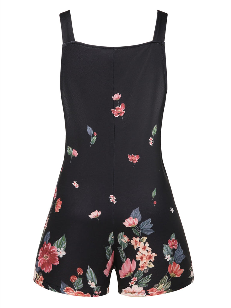 Black 1950s Adjustable Straps Floral Romper - vintage jumpsuit, retro fashion, classic black