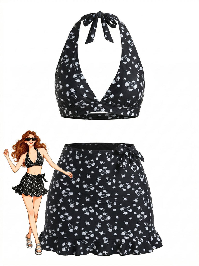 Black 1950s Bikini Floral Tankini Set - vintage fashion, retro style, classic black
