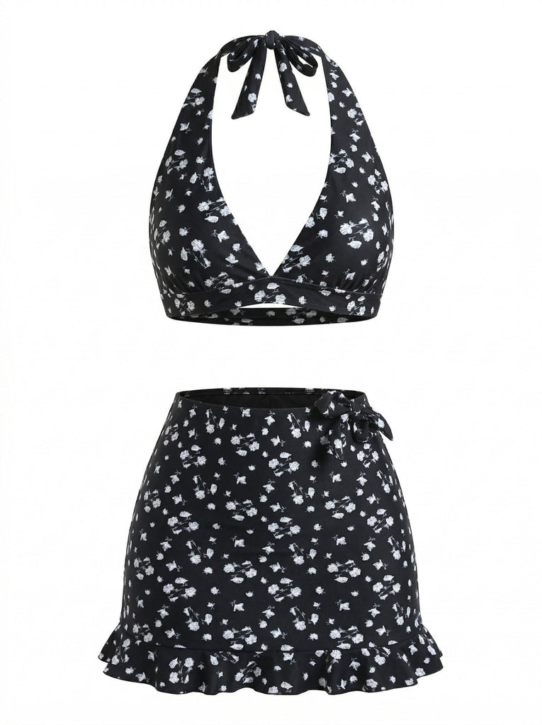 Black 1950s Bikini Floral Tankini Set - vintage fashion, retro style, classic black