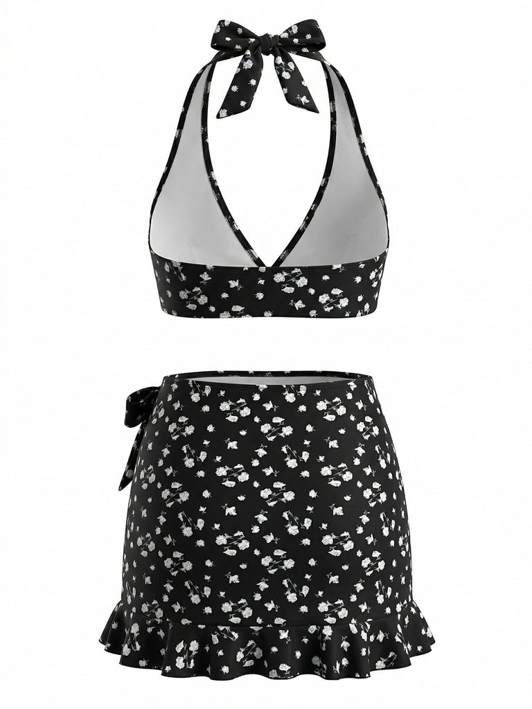 Black 1950s Bikini Floral Tankini Set - vintage fashion, retro style, classic black