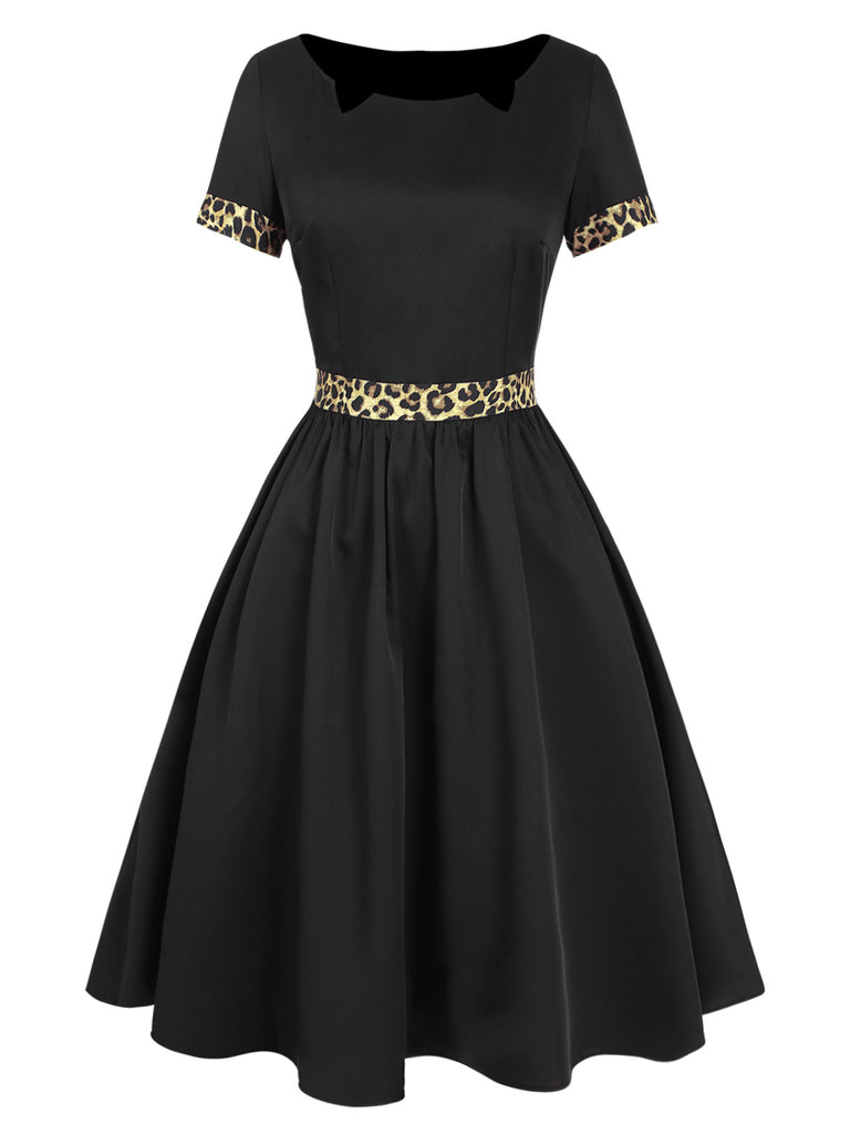 Black 1950s Boat Neck Leopard Patchwork Dress: where 1950s romance meets her modern spirit
