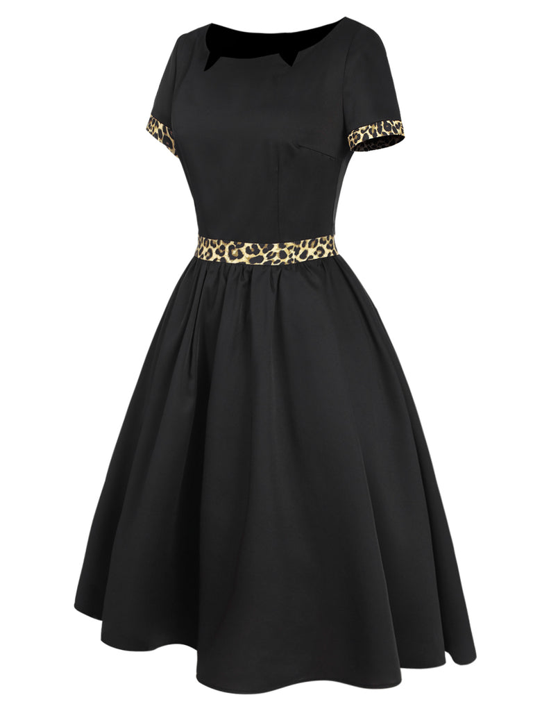 Retro Stage 1950s Boat Neck Leopard Patchwork Dress Black