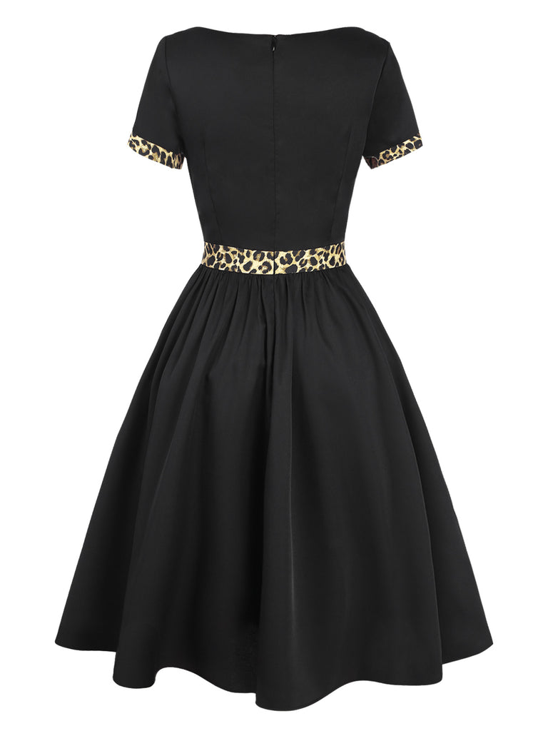 black fifties dress Black 1950s Boat Neck Leopard Patchwork Dress