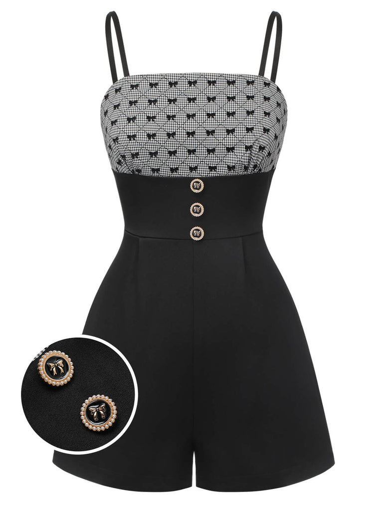Black 1950s Bow Button Patchwork Strap Romper, vintage romper, retro jumpsuit - perfect for women who love vintage and retro fashion