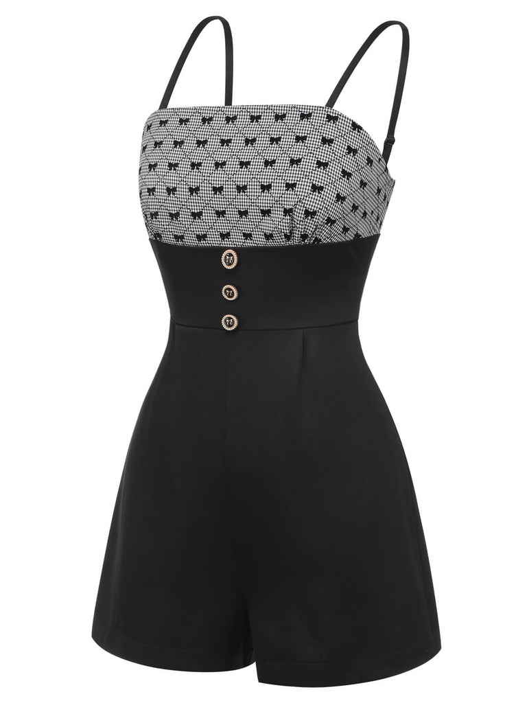 Black 1950s Bow Button Patchwork Strap Romper, vintage romper, retro jumpsuit - perfect for women who love vintage and retro fashion