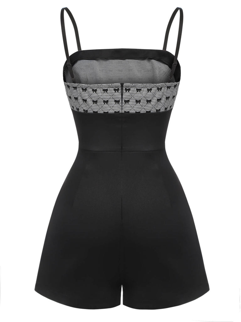 Black 1950s Bow Button Patchwork Strap Romper, vintage romper, retro jumpsuit - perfect for women who love vintage and retro fashion
