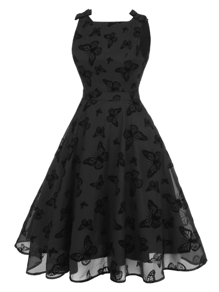strapless open back dress Black 1950s Butterfly Flocking Mesh Dress