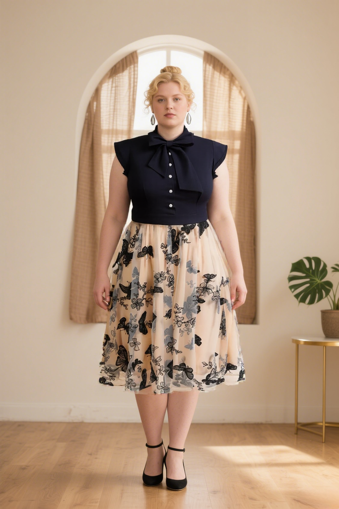 Plus Size Butterfly Embroidered Tulle Midi Dress for Special Occasions