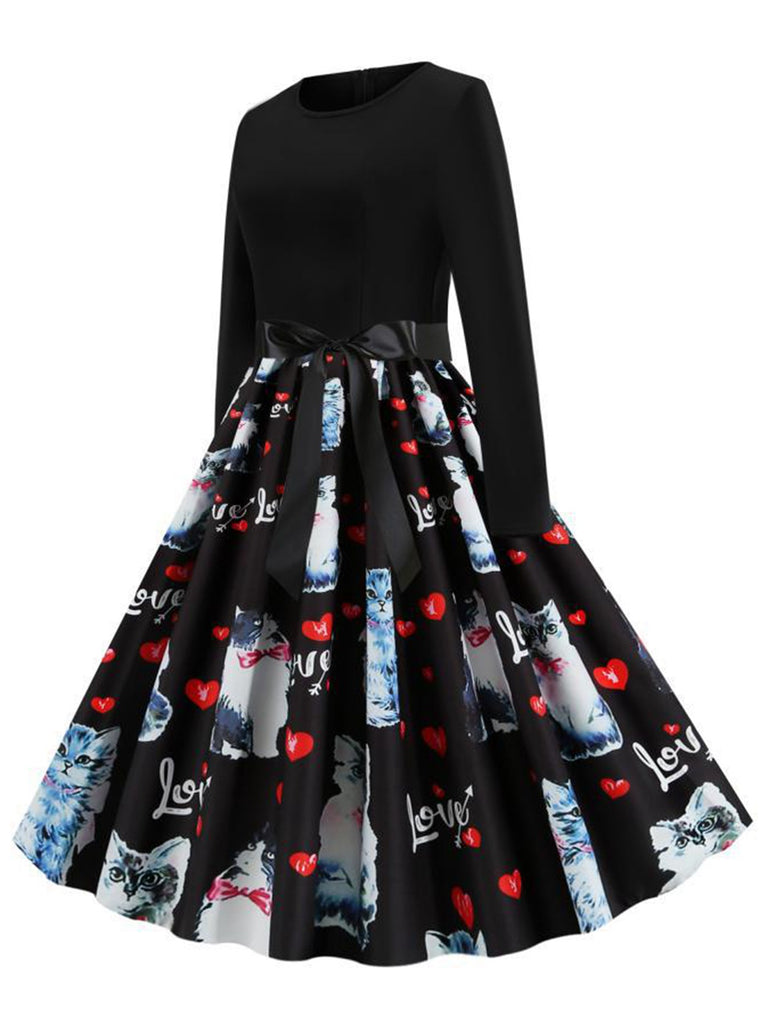 Black 1950s Cat Heart Belted Dress: where 1950s romance meets her modern spirit
