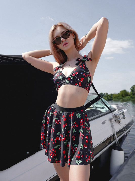 Black 1950s Cherry Bow V-Neck Swimsuit: 1950s Riviera elegance, reimagined for her
