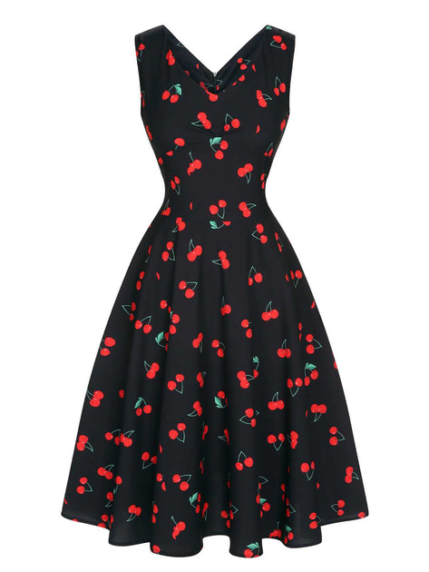 Retro Stage Vintage Women 1950s Rockabilly Swing Dress Pinup 50s Retro Cherry Print V-Neck A-Line Dresses