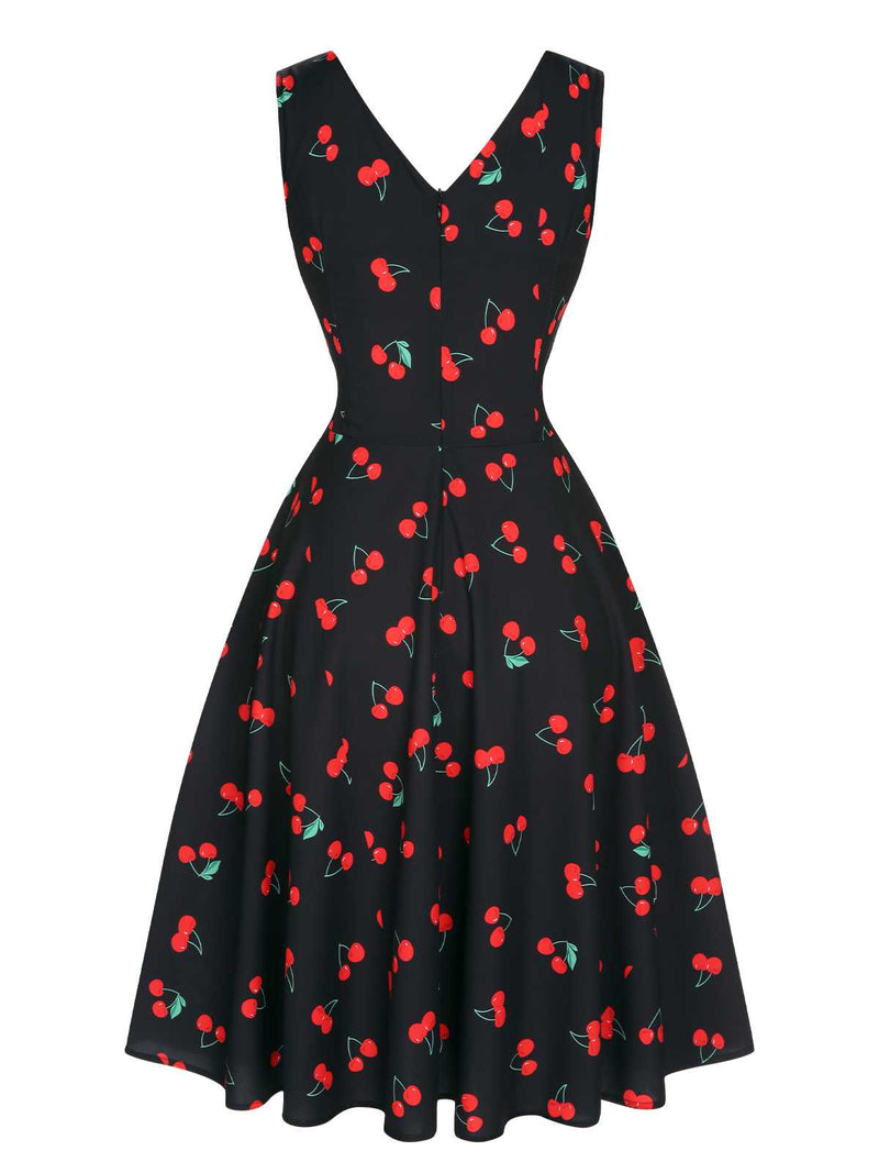 Retro Stage Vintage Women 1950s Rockabilly Swing Dress Pinup 50s Retro Cherry Print V-Neck A-Line Dresses
