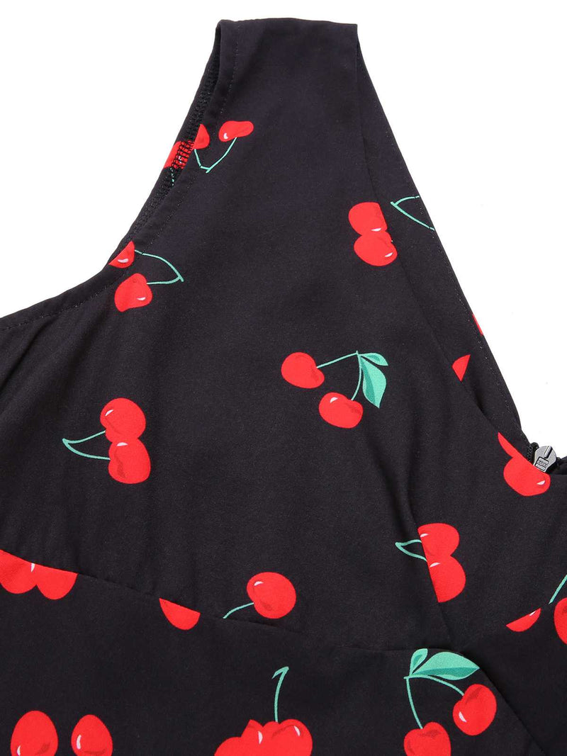 Retro Stage Vintage Women 1950s Rockabilly Swing Dress Pinup 50s Retro Cherry Print V-Neck A-Line Dresses