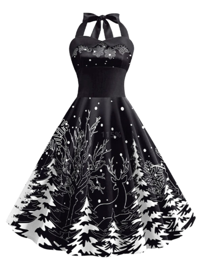 Retro Stage Vintage 50s Halter Black & White Winter Forest Print Christmas Swing Dress