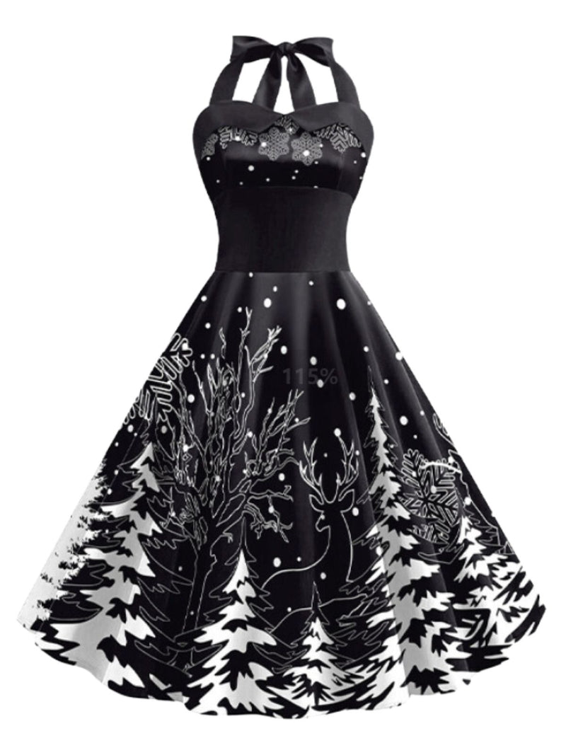 Retro Stage Vintage 50s Halter Black & White Winter Forest Print Christmas Swing Dress Retro Stage Vintage 50s Halter Black & White Winter Forest Print Christmas Swing Dress