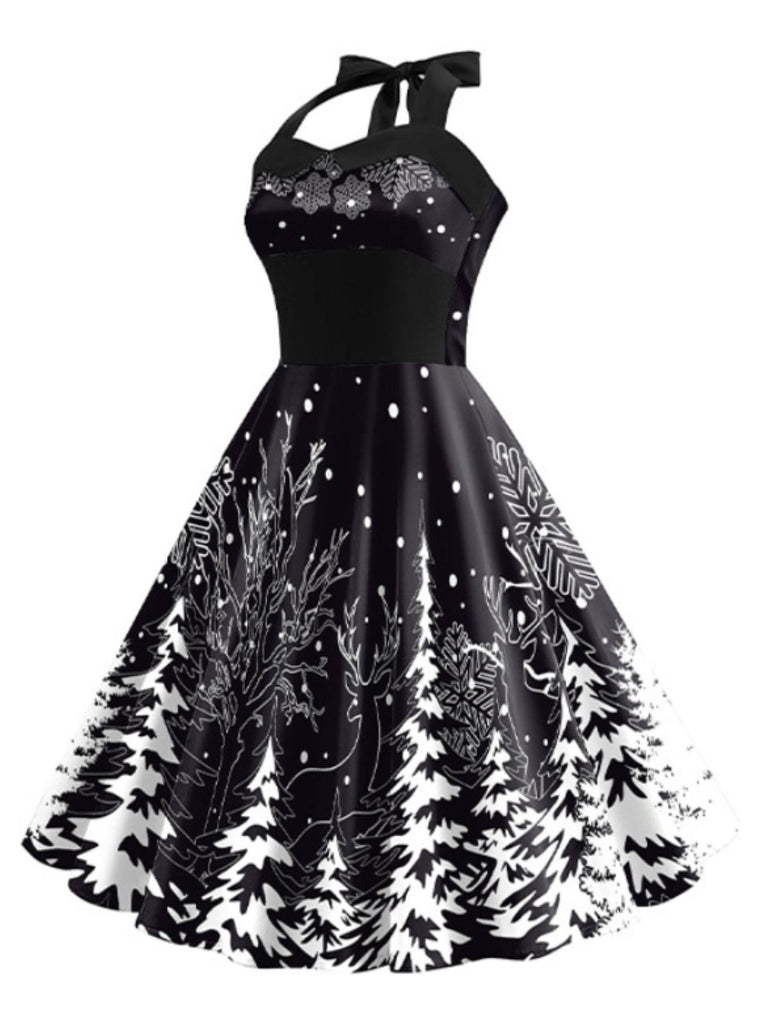 Black 1950s Christmas Halter Swing Dress | Retro Stage