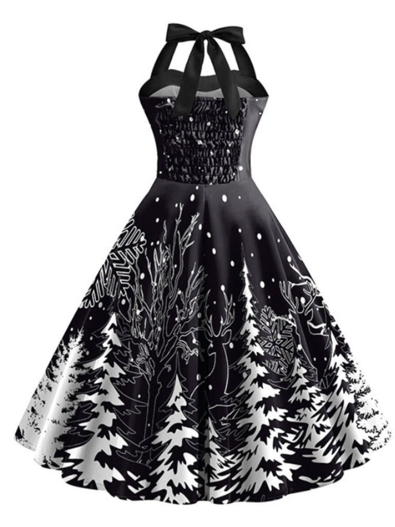 Retro Stage Vintage 50s Halter Black & White Winter Forest Print Christmas Swing Dress Retro Stage Vintage 50s Halter Black & White Winter Forest Print Christmas Swing Dress