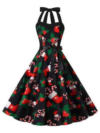 She slips into this Black 1950s Christmas Santa Socks Halter Dress and suddenly it's a 1950s daydream