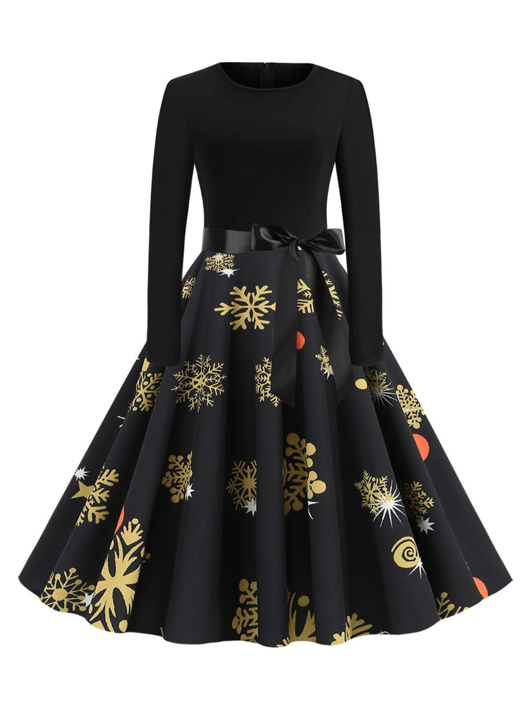 Black 1950s Christmas Snowflake Ribbon Belt Dress - vintage dress, retro fashion, rockabilly