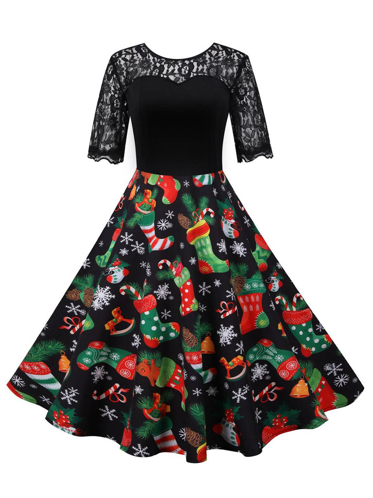 She slips into this Black 1950s Christmas Stocking Lace Patchwork Dress and suddenly it's a 1950s daydream