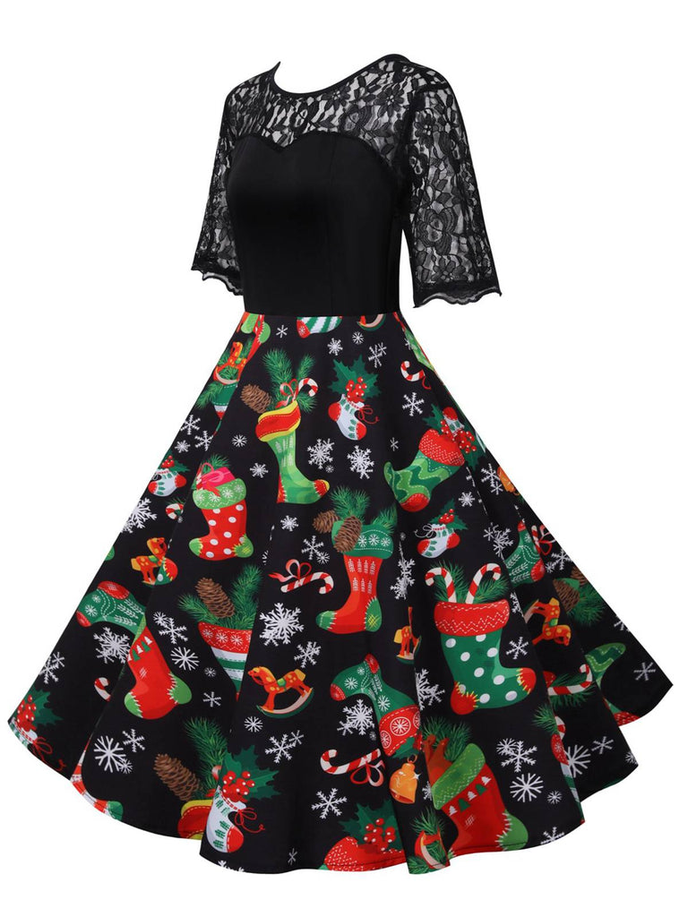 Black 1950s Christmas Stocking Lace Patchwork Dress: where 1950s romance meets her modern spirit