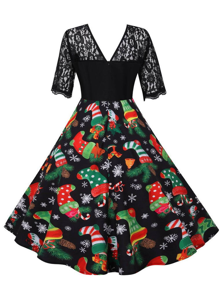 This Black 1950s Christmas Stocking Lace Patchwork Dress wraps her in 1950s elegance, one twirl at a time