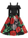 She slips into this Black 1950s Cold-Shoulder Halloween Skull Roses Dress and suddenly it's a 1950s daydream