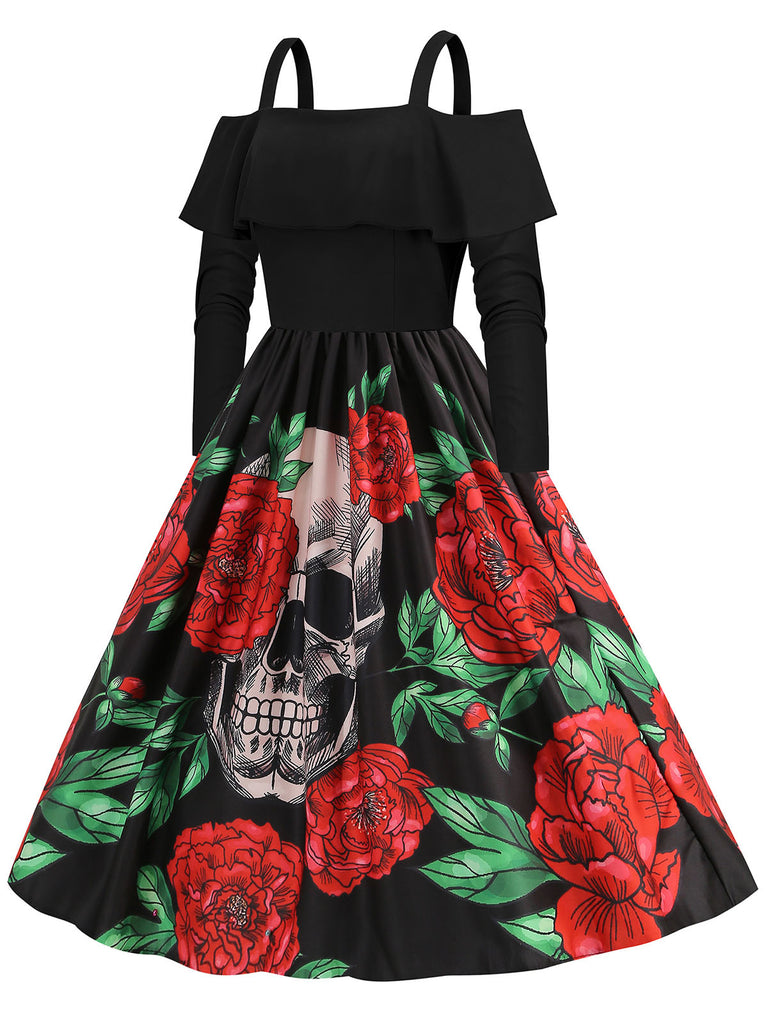 Black 1950s Cold-Shoulder Halloween Skull Roses Dress: where 1950s romance meets her modern spirit