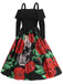 Black 1950s Cold-Shoulder Halloween Skull Roses Dress: where 1950s romance meets her modern spirit