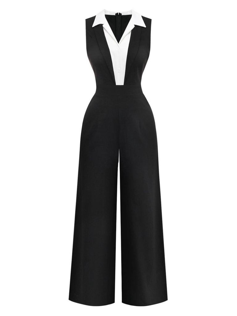 Black 1950s Colorblock Sleeveless Wide-Leg Jumpsuit - vintage jumpsuit, retro fashion, classic black