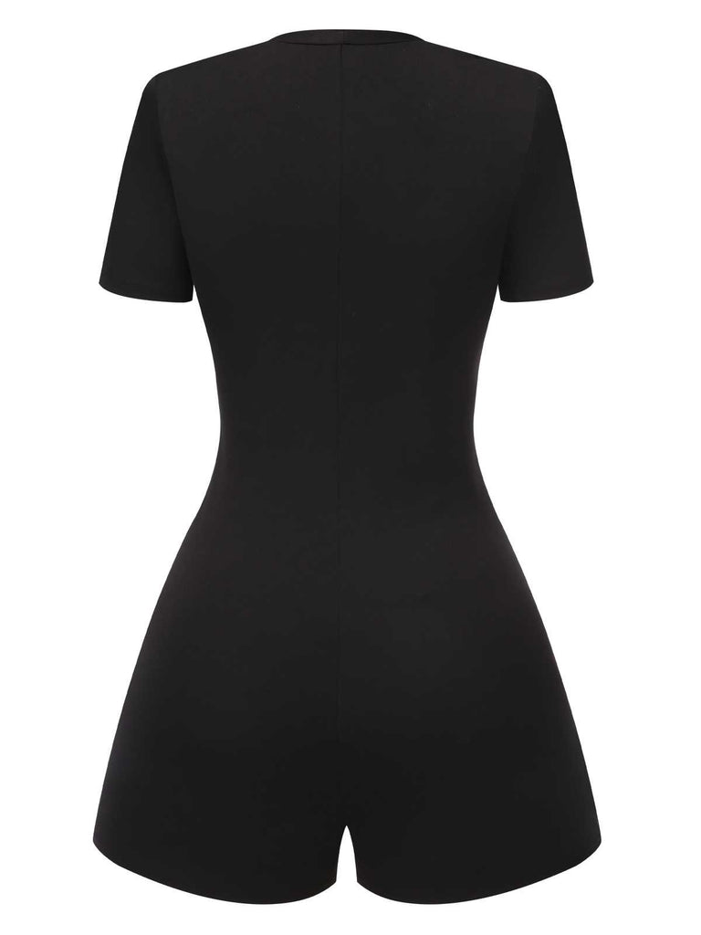 Black 1950s Cut-Out Buttoned Solid Romper: timeless 1950s elegance she makes her own