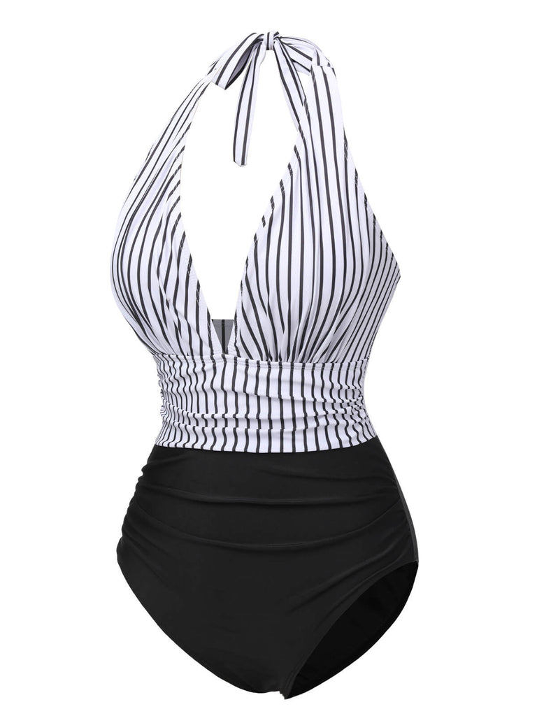 Black 1950s Deep V-Neck Stripe Swimsuit, vintage swimsuit, pin-up swimwear - perfect for women who love vintage and retro fashion