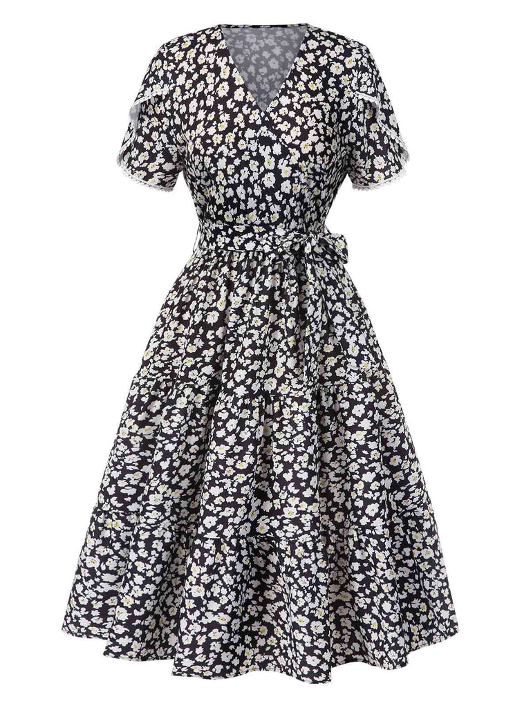 Black 1950s Ditsy Floral V-Neck Lace-Up Dress, vintage dress, retro fashion, rockabilly, pin-up fashion - perfect for women who love vintage and retro fashion