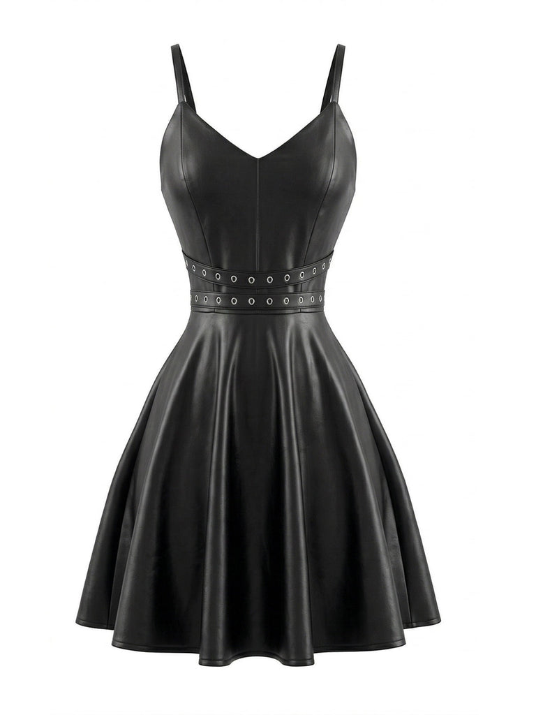Black 1950s Faux Leather Waist Sleeveless Dress