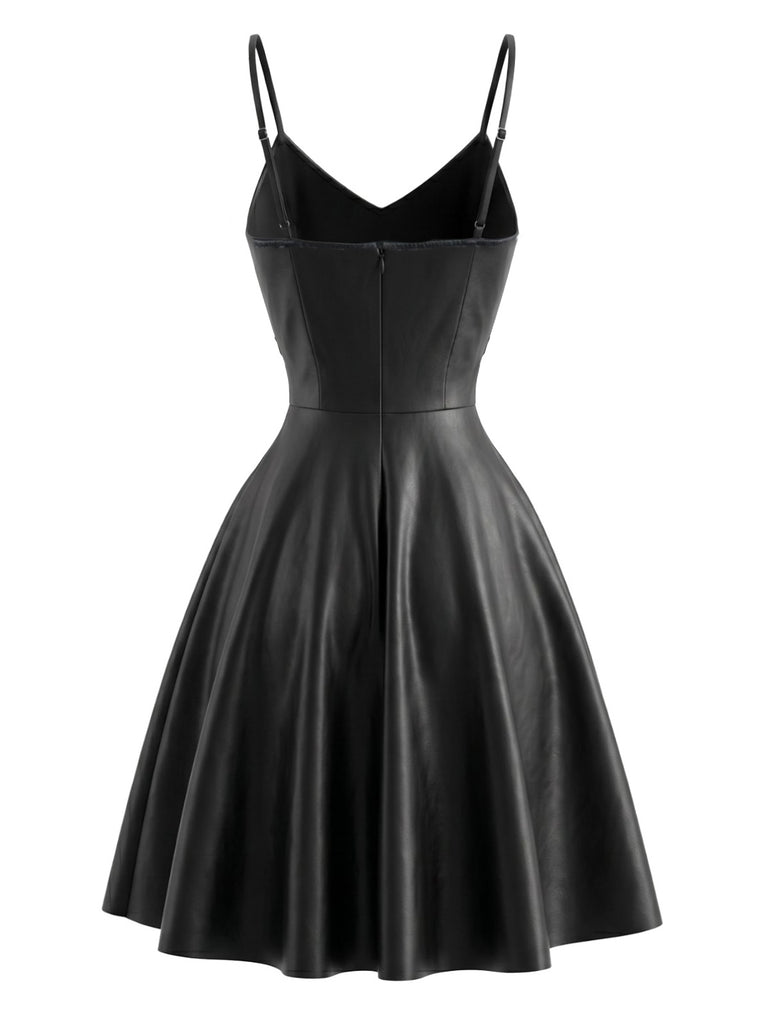 Black 1950s Faux Leather Waist Sleeveless Dress, vintage dress, retro fashion, rockabilly, pin-up fashion - perfect for women who love vintage and retro fashion
