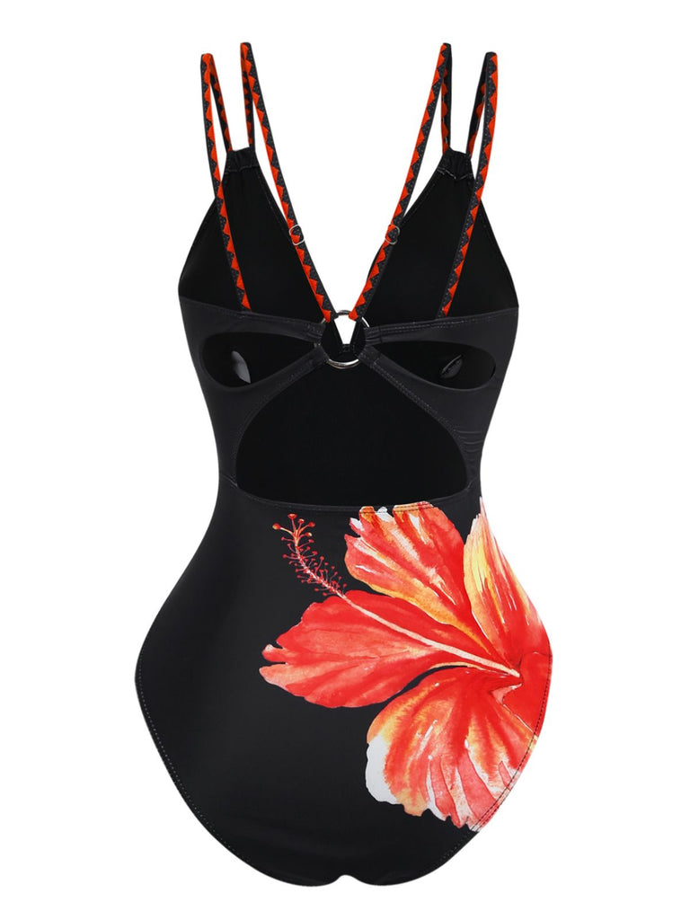 Black 1950s Floral Crochet One-Piece Swimsuit 3